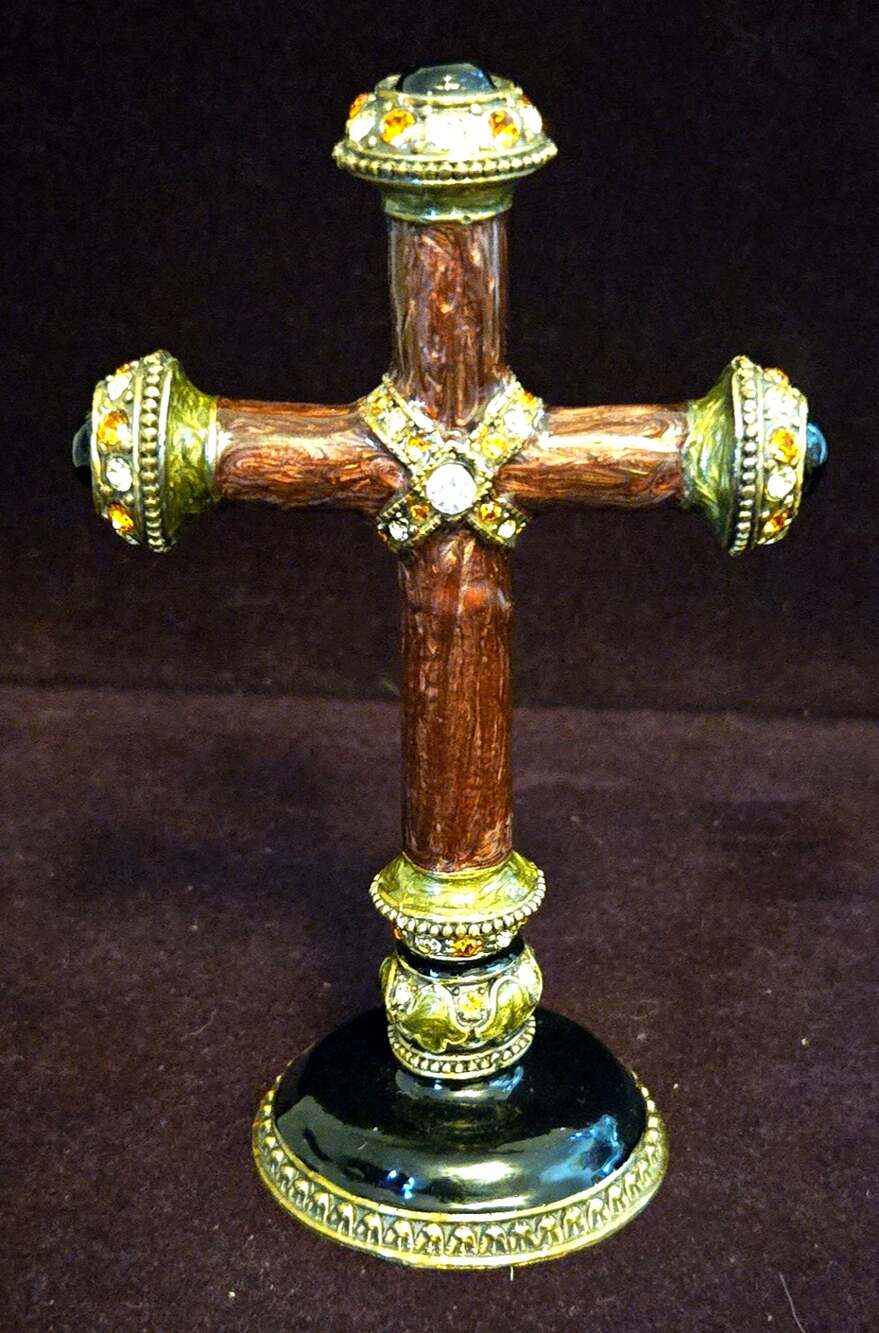 Vintage Jeweled Enamel Standing Cross 5.5” Faux Bois Pewter Rhinestone Altar